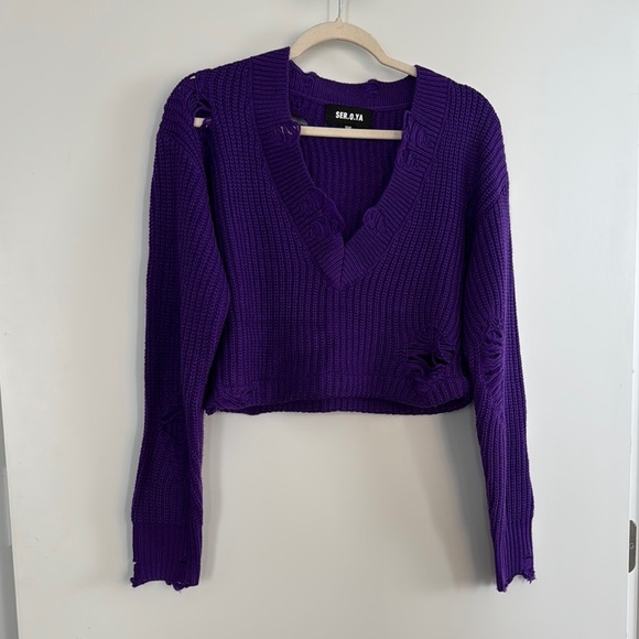 Purple Distressed Knit Sweater - Picture 1 of 8
